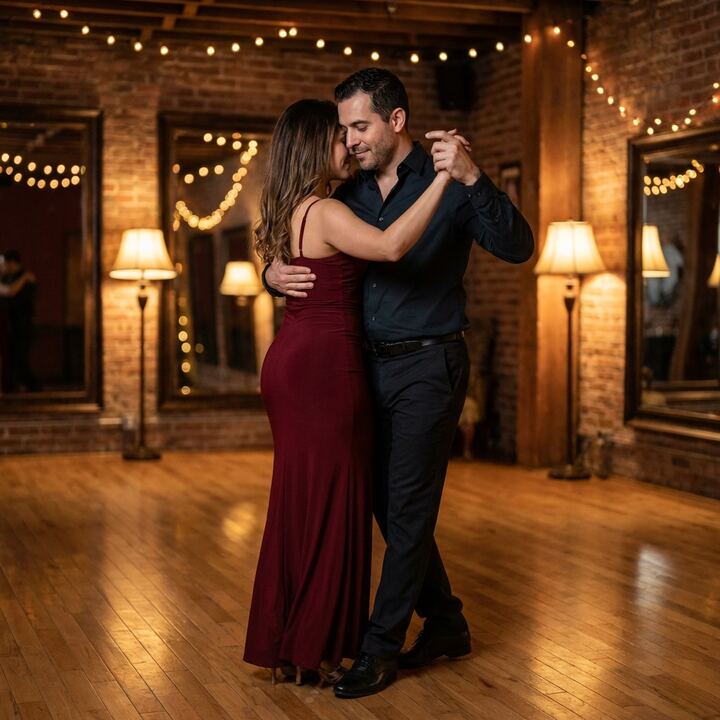 Romantic couple dancing bachata in close embrace