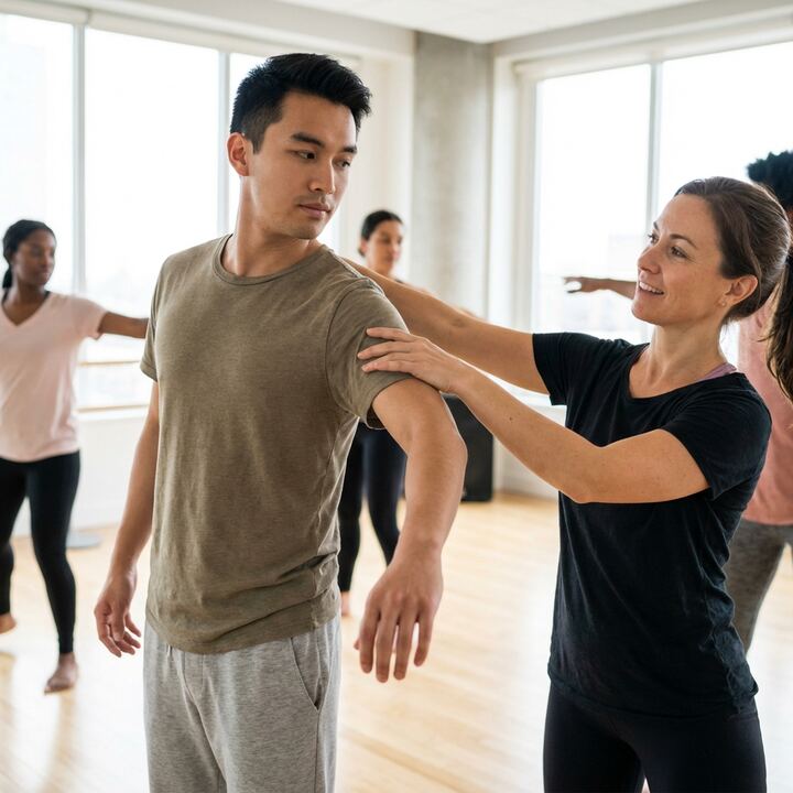 Dance instructor helping student correct posture
