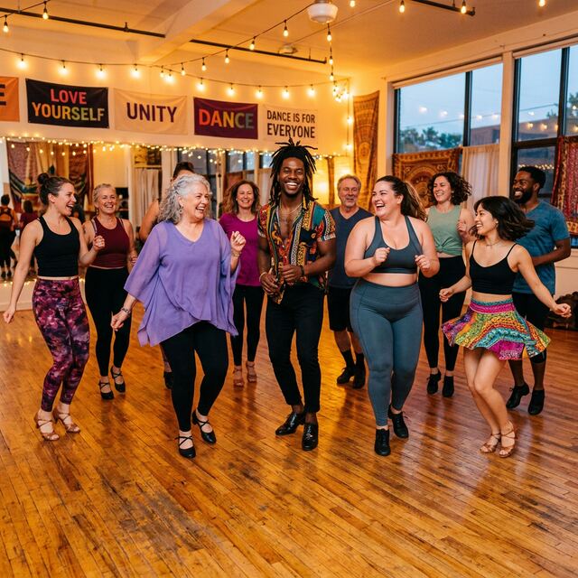 Diverse group of dancers of all body types dancing joyfully