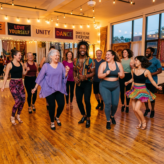 Diverse group of dancers of all body types dancing joyfully