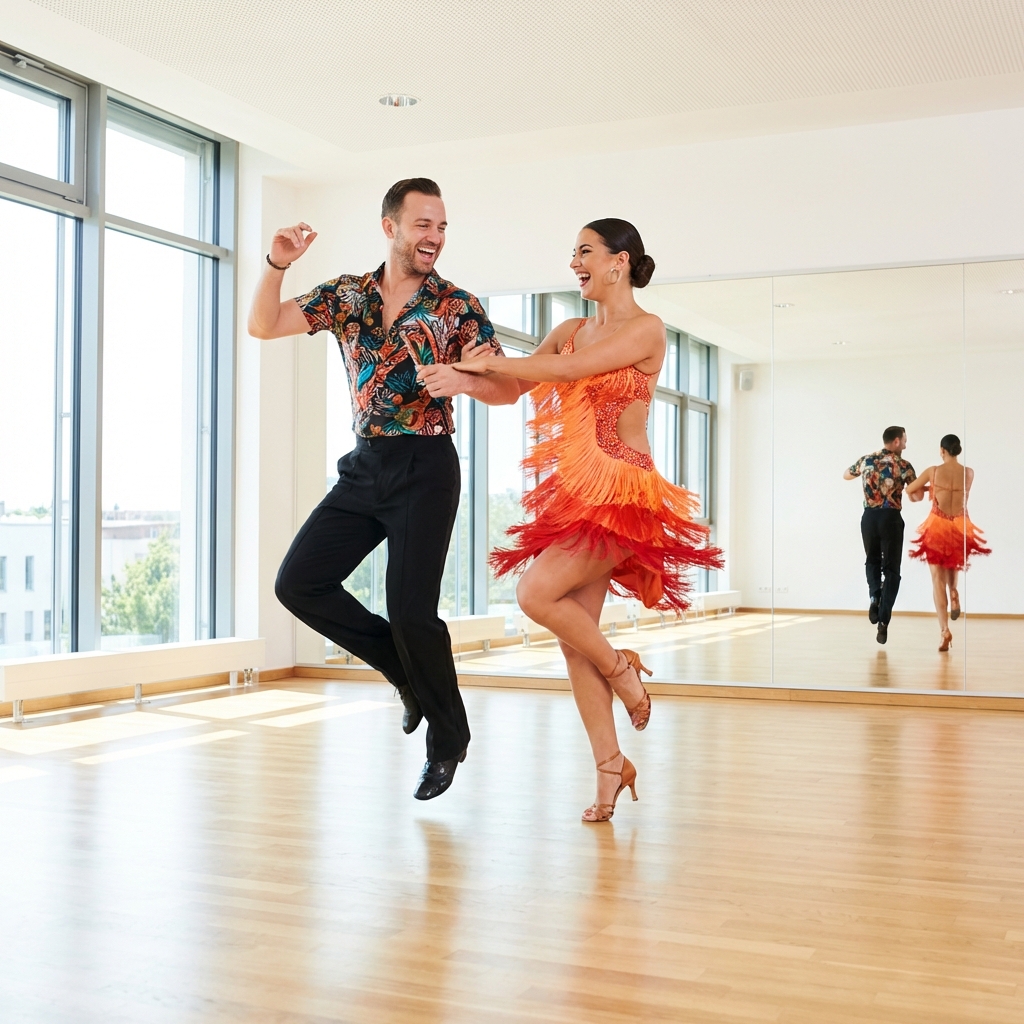 Energetic couple dancing cha cha with vibrant Latin dance moves