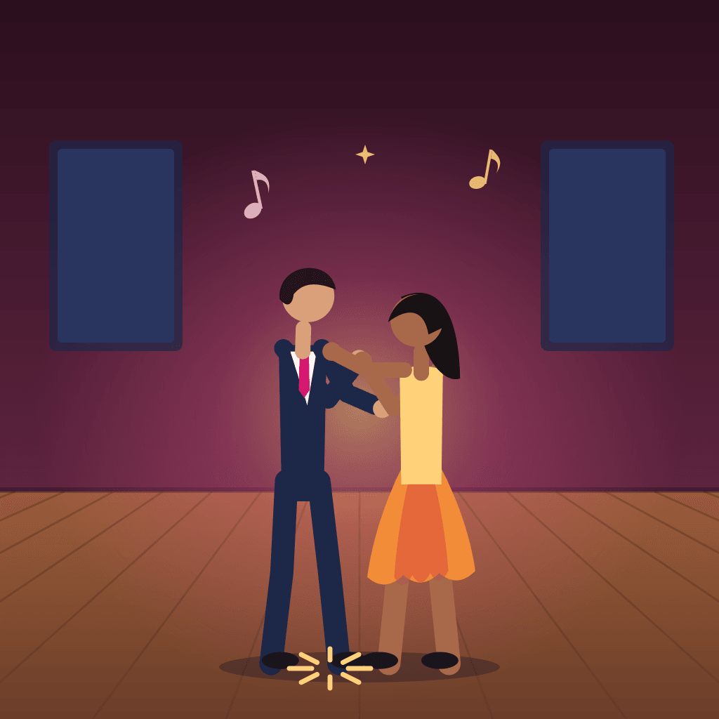 Illustration of a couple at couples dance lessons, one partner laughing at a missed step