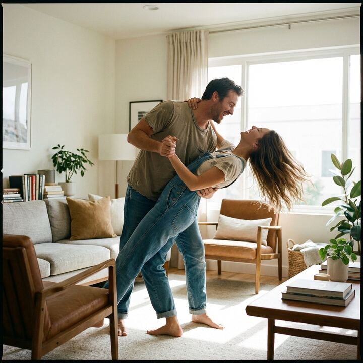 Happy couple practicing dance moves at home