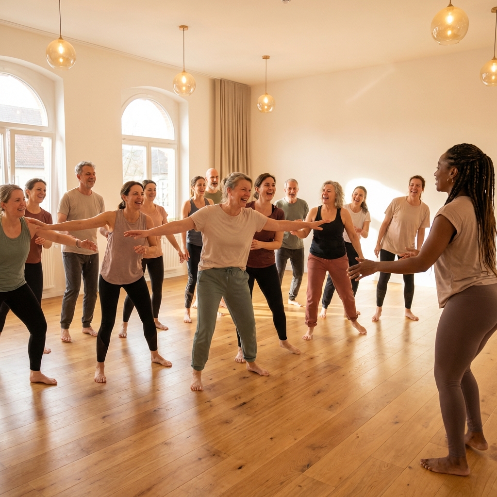 Diverse group of adults enjoying dance class