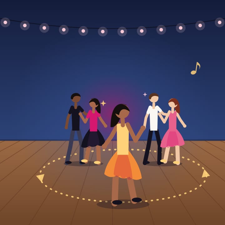 Illustration of a student going to dance class alone and joining the partner rotation