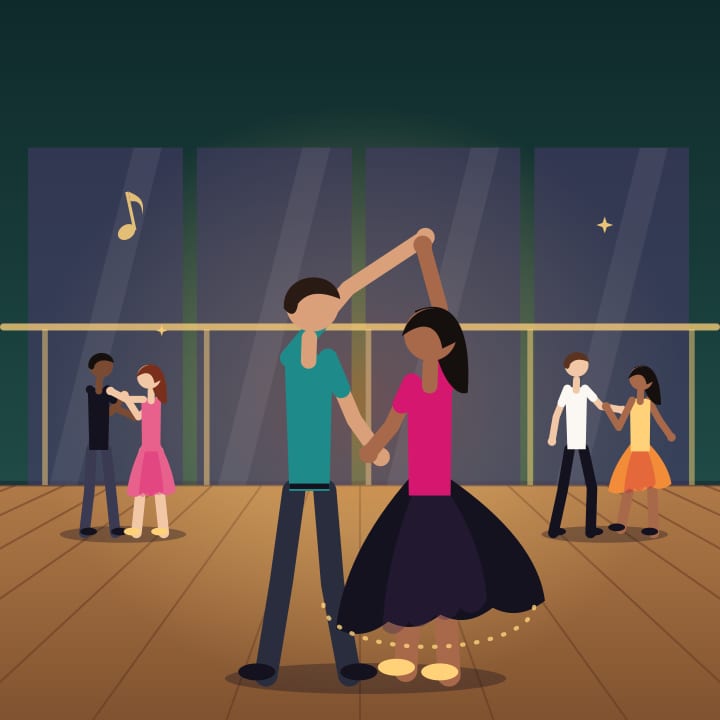 Illustration of a man leading his first turn in a beginner dance class for men