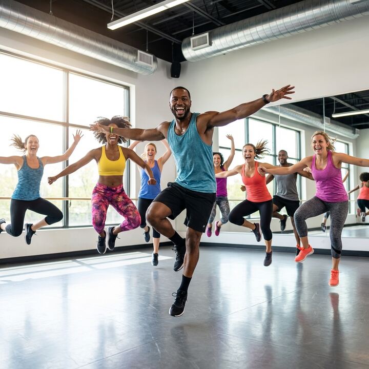 Energetic group in dance fitness class with vibrant atmosphere