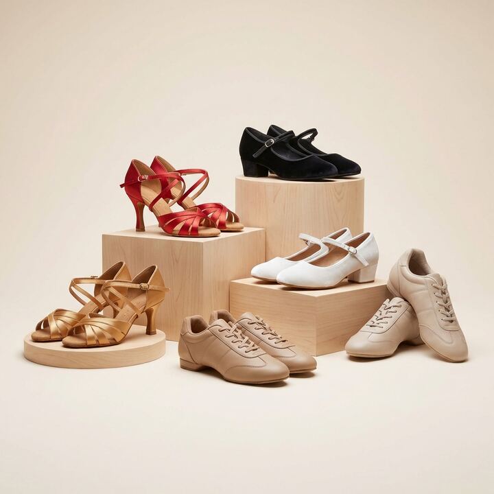 Various dance shoes including Latin heels and ballroom shoes