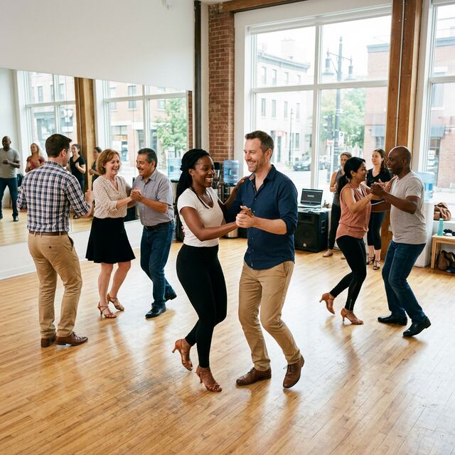 Adults taking dancing lessons in Montreal