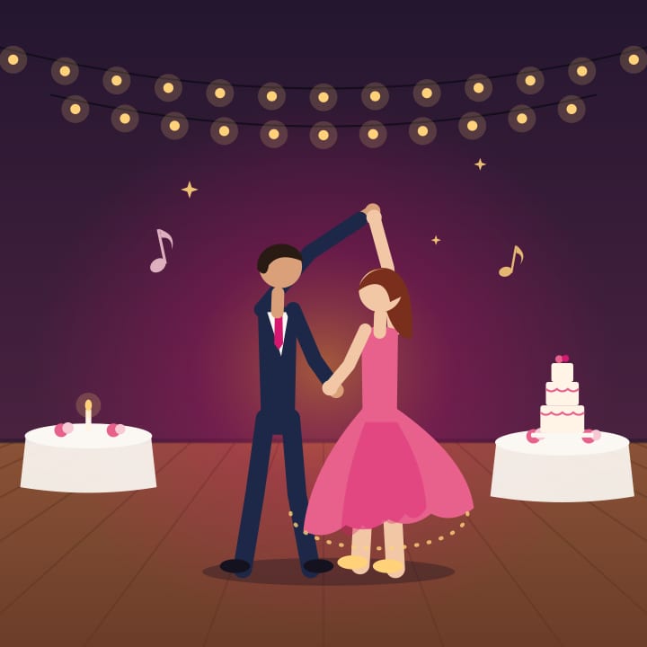 How to dance at a wedding as a guy: a man in a suit leads his partner through a turn on the reception floor