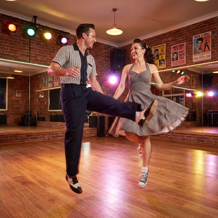 Energetic couple dancing jive with high kicks and retro style