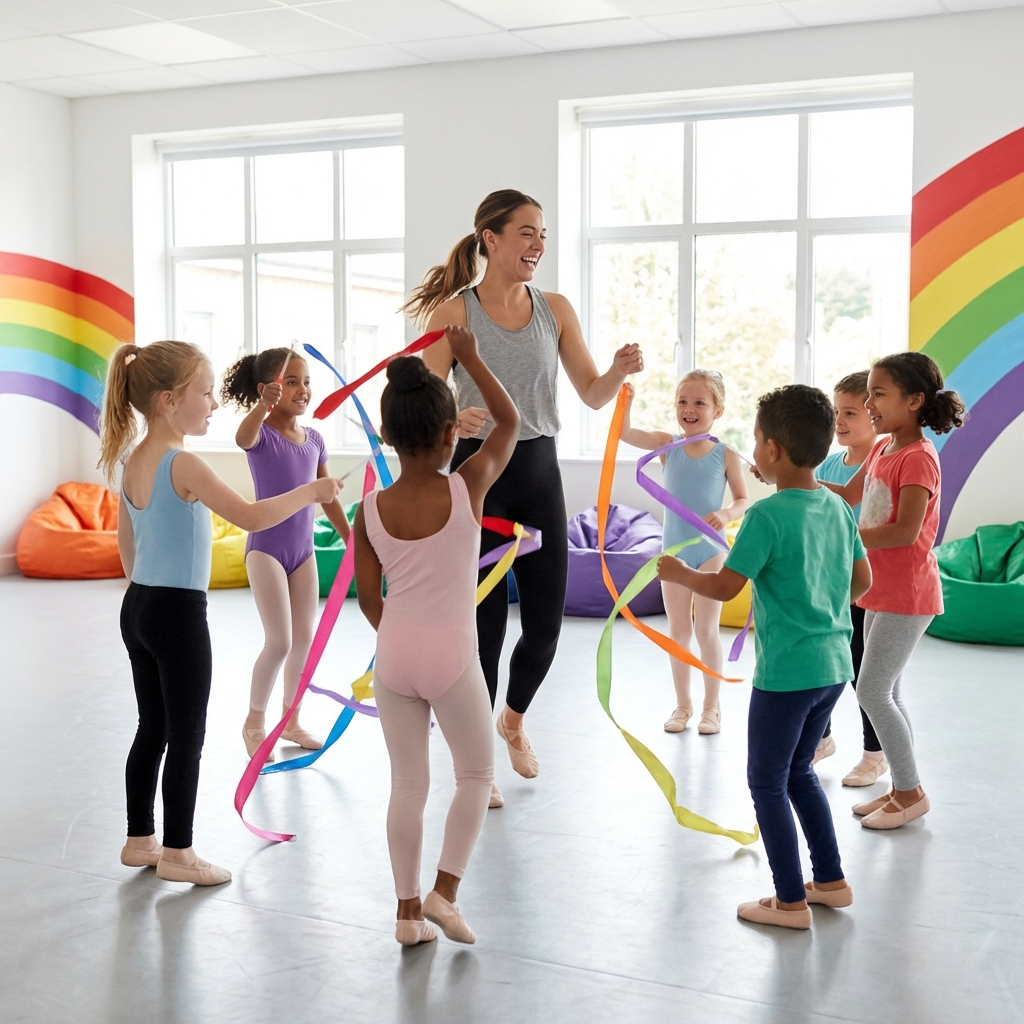 Children having fun in dance class with colorful ribbons