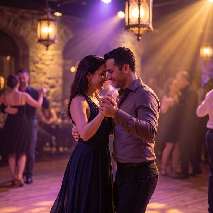 Couple in salsa dance hold showing partner connection