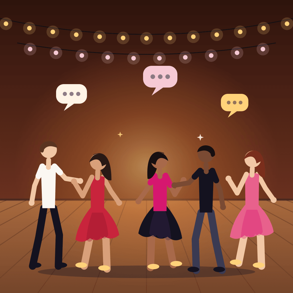 Illustration of classmates laughing between songs, a way to meet people in Montreal