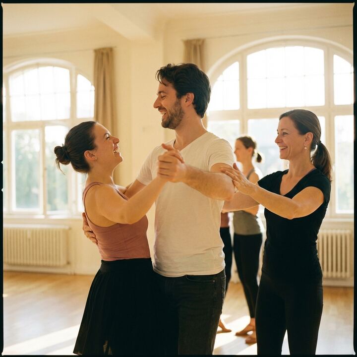 Couple learning wedding dance with supportive instructor in Montreal studio
