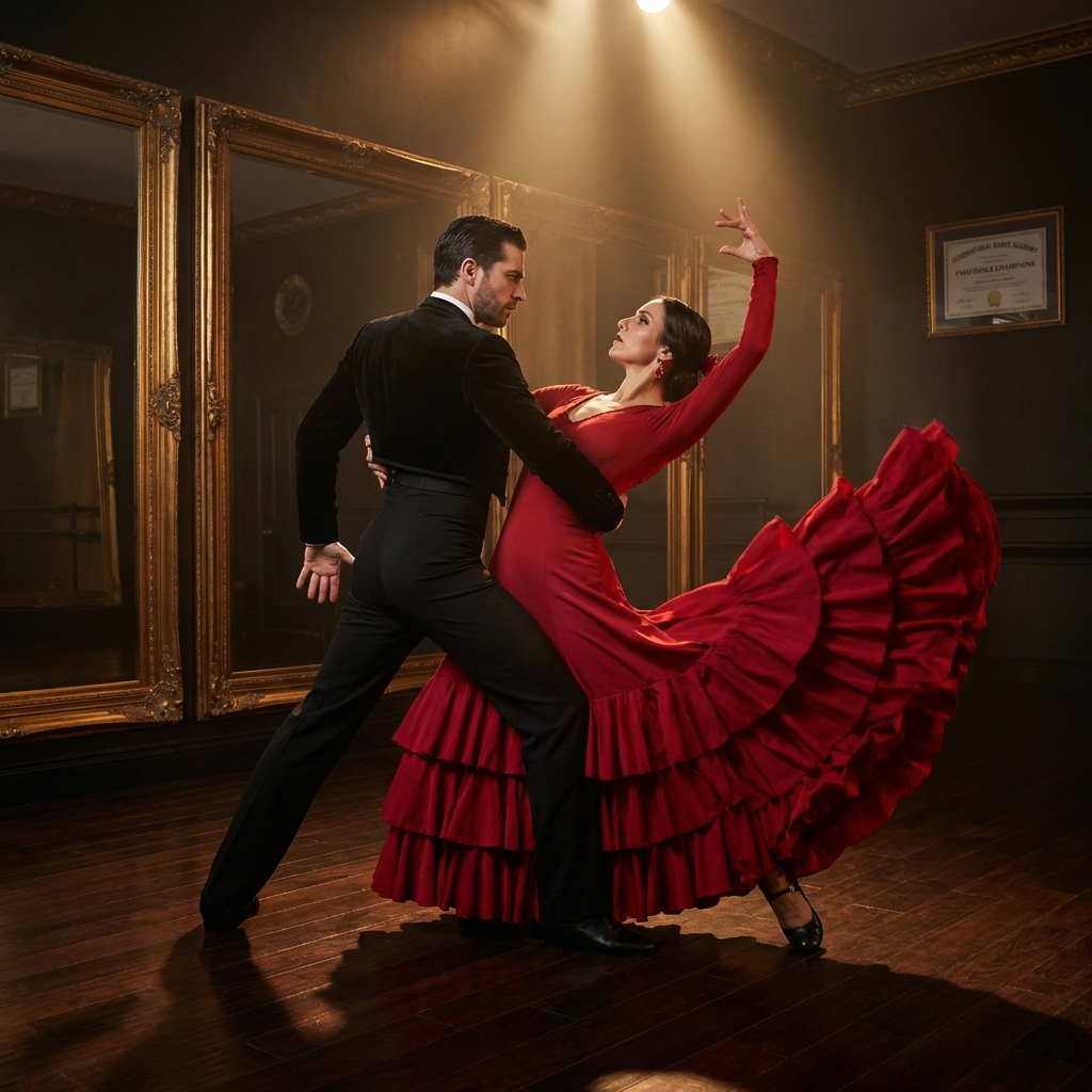 Dramatic couple dancing paso doble with Spanish flamenco energy
