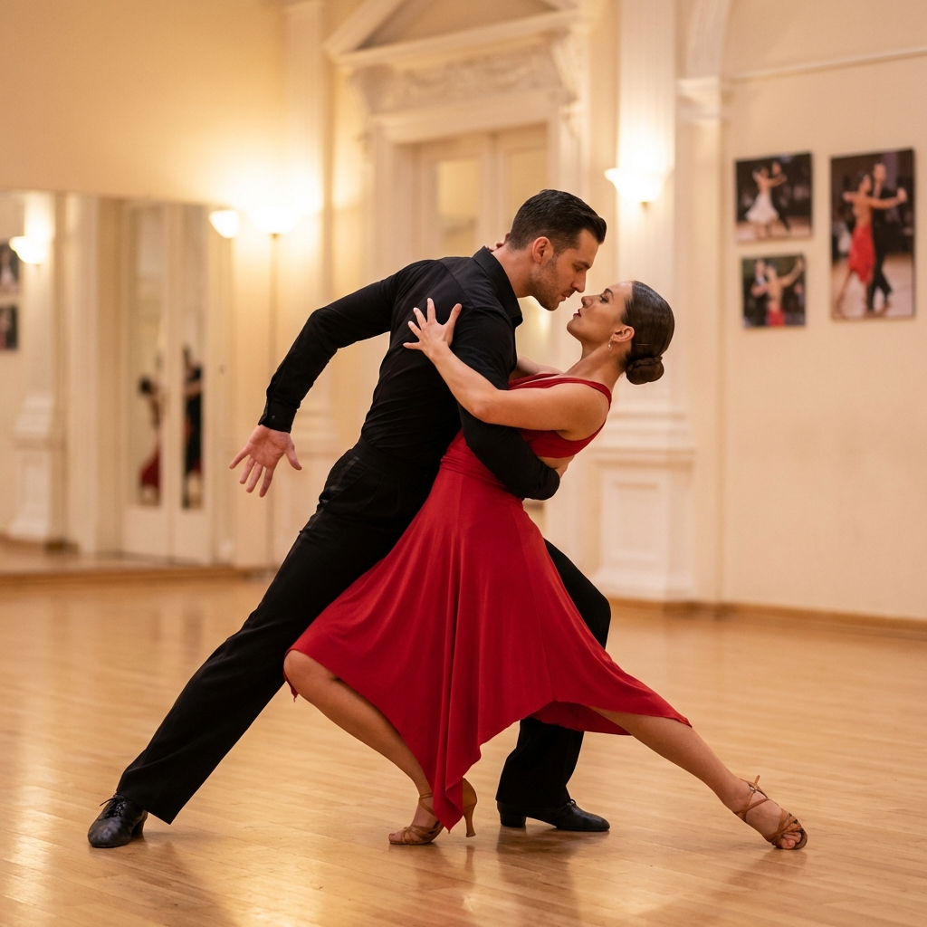 Romantic couple dancing rumba with passionate connection