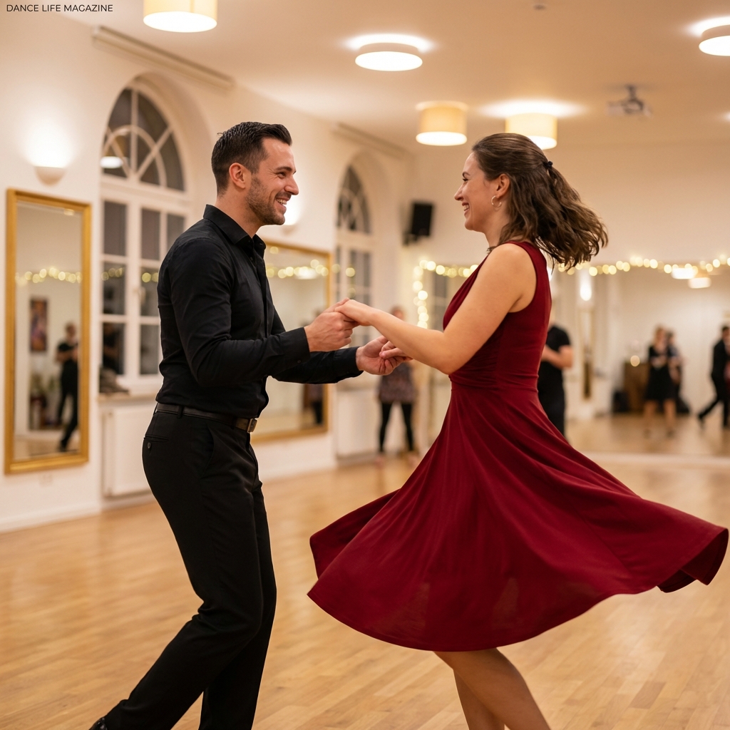 Couple dancing salsa with perfect form in elegant dance studio