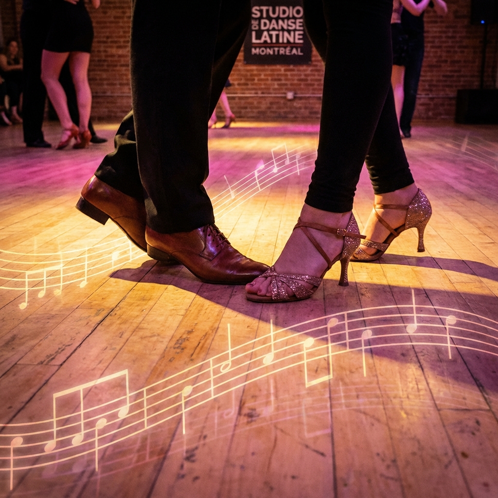 Salsa dancers feet stepping on beat with musical notation