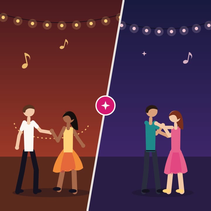 Salsa vs bachata: a salsa couple in an open turn next to a bachata couple in a close hold