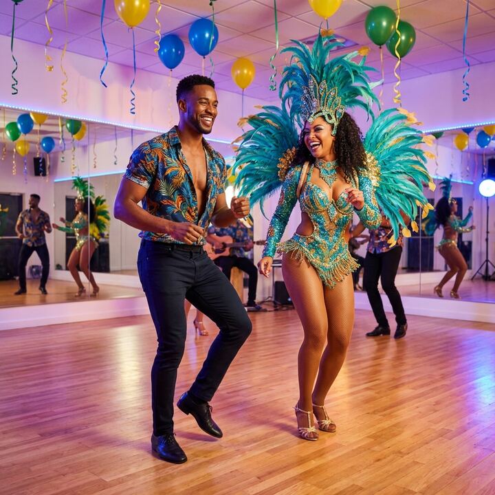 Vibrant couple dancing samba with Brazilian carnival energy