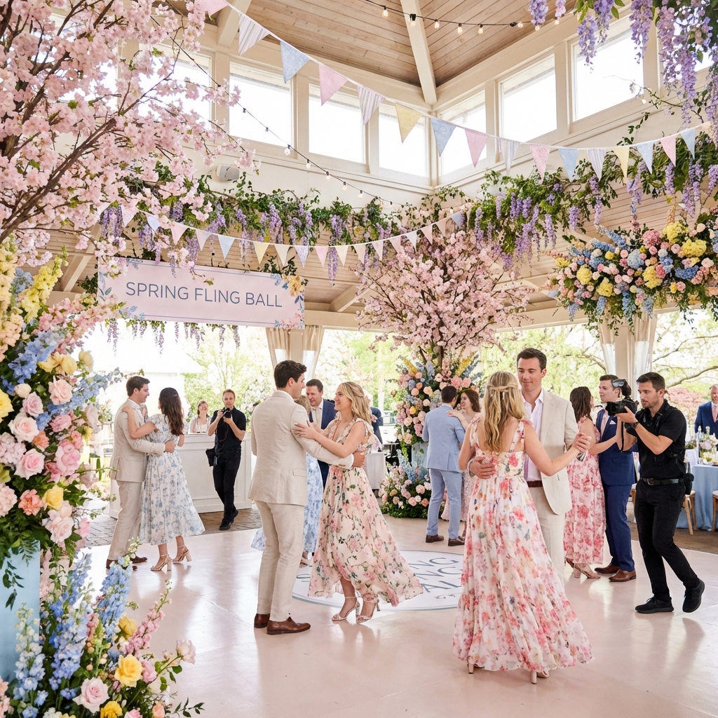 Spring dance celebration with couples dancing and flowers