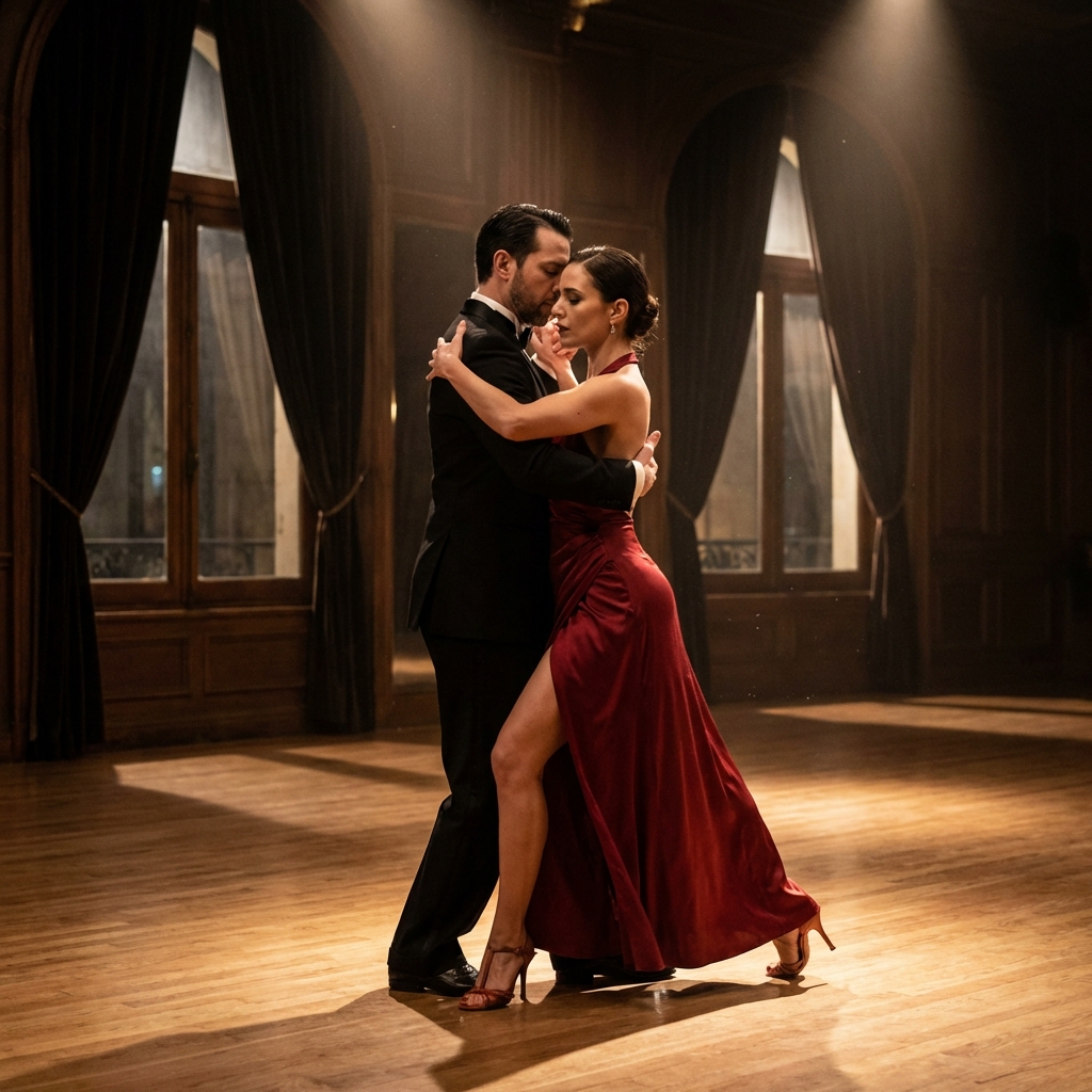 Elegant couple dancing Argentine tango with dramatic embrace