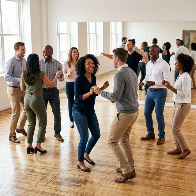 Corporate team enjoying a dance team building session in Montreal