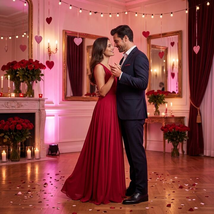 Romantic couple dancing in Valentine's Day decorated studio