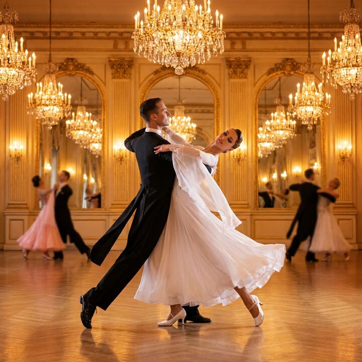 Graceful couple dancing waltz in elegant ballroom setting