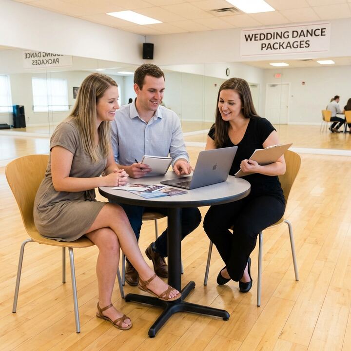 Couple consulting with dance instructor about wedding dance