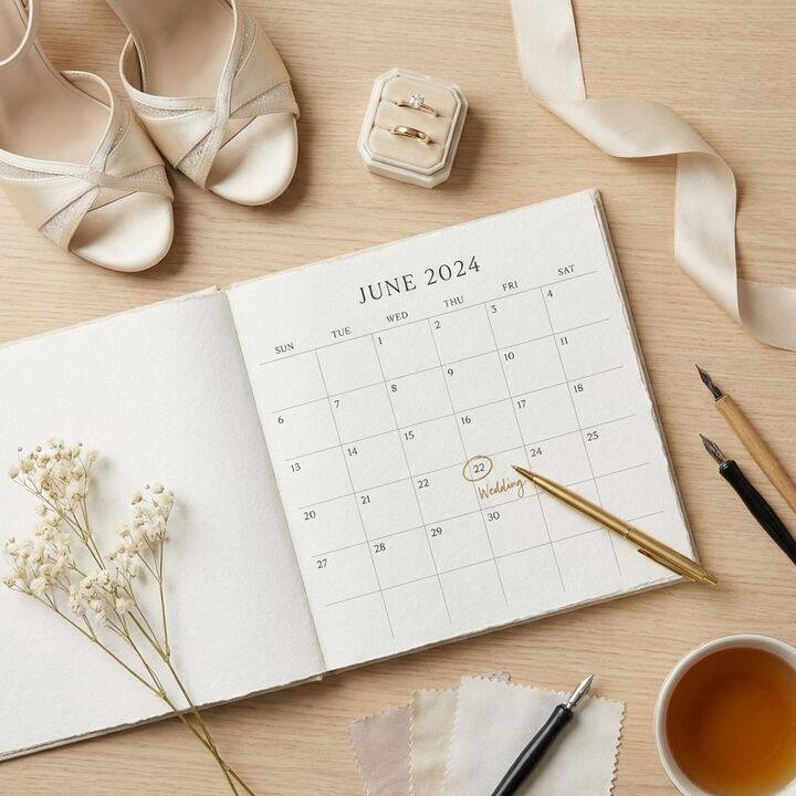 Wedding planning calendar with dance shoes and rings
