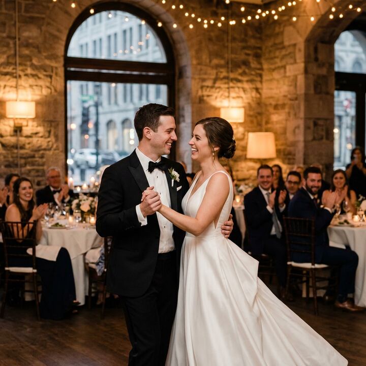 Couple dancing their first dance at Montreal wedding reception