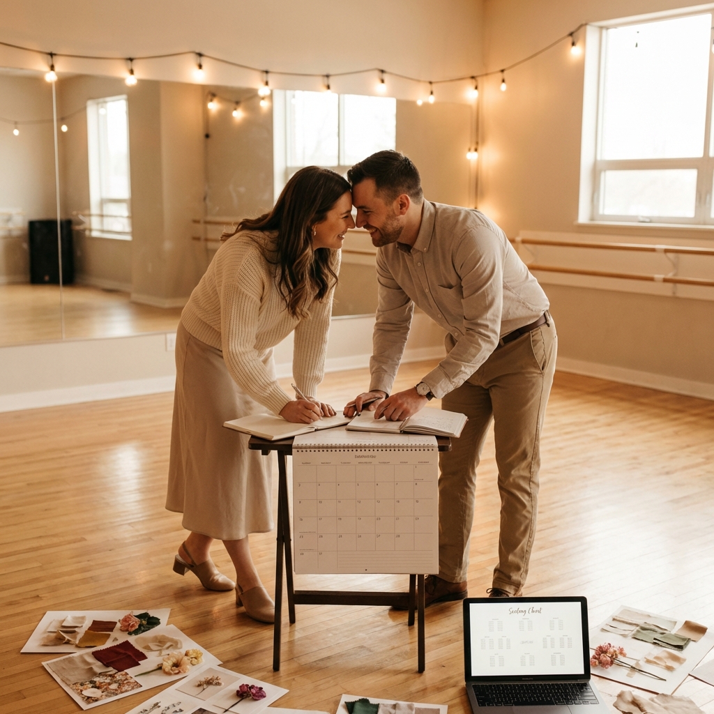 Engaged couple planning wedding dance with calendar