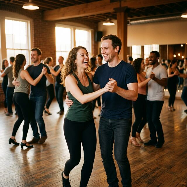 Couple laughing and dancing together at Quartier Latin studio